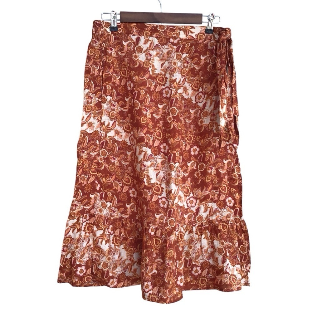Nicole Miller Floral Paisley Tie Waist Linen Wrap Skirt Size Medium